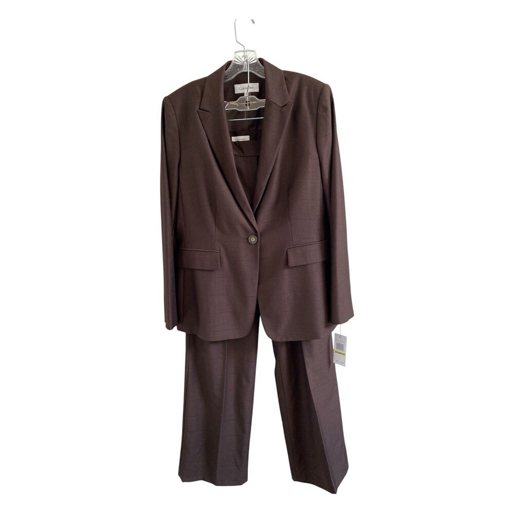 NWT Calvin Klein Womens 2 Piece Blazer Pant Suit Size 14 Teak Brown Windowpane
